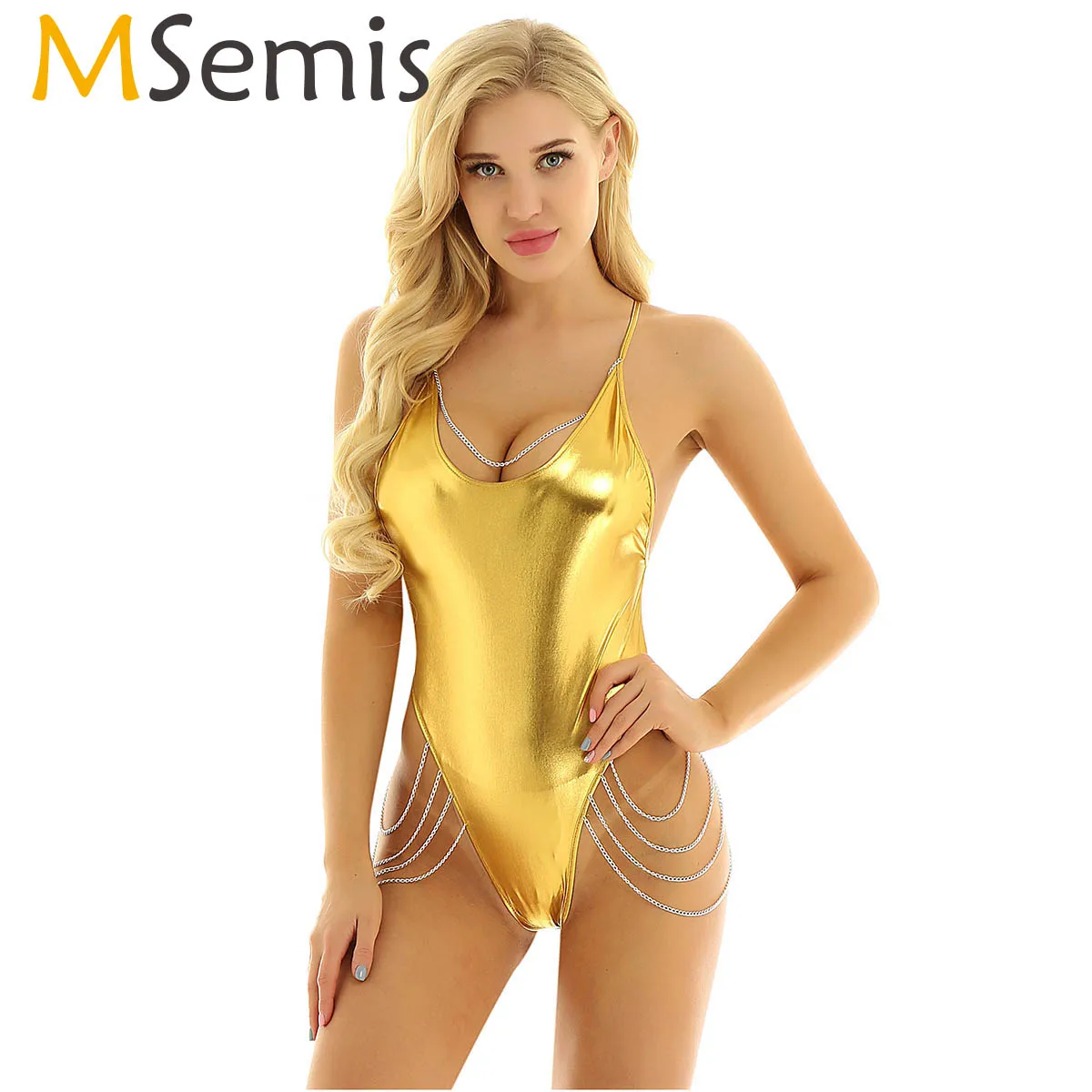 

MSemis Womens Exotic Lingerie Shiny Metallic 1PC Spaghetti Straps Backless Leotard Sexy Bodysuit Jumpsuit Romper Metal Chain