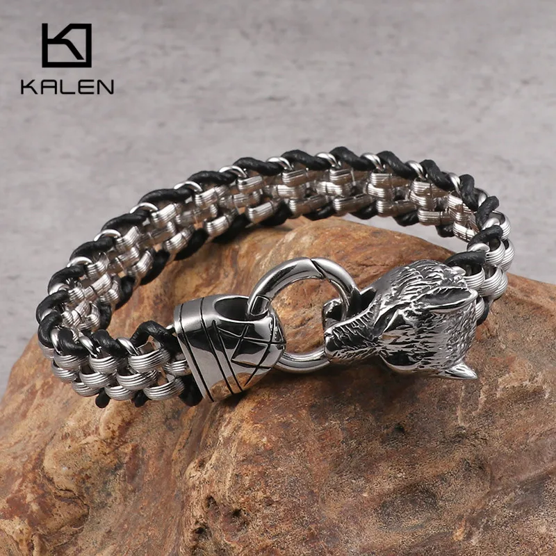 KALEN 316, нержавеющая сталь, звеньевая цепь, животные, голова волка, браслеты для мужчин, 21,5 см, цепь и кожа, Волчья Голова, браслеты, рок, ювелирное изделие