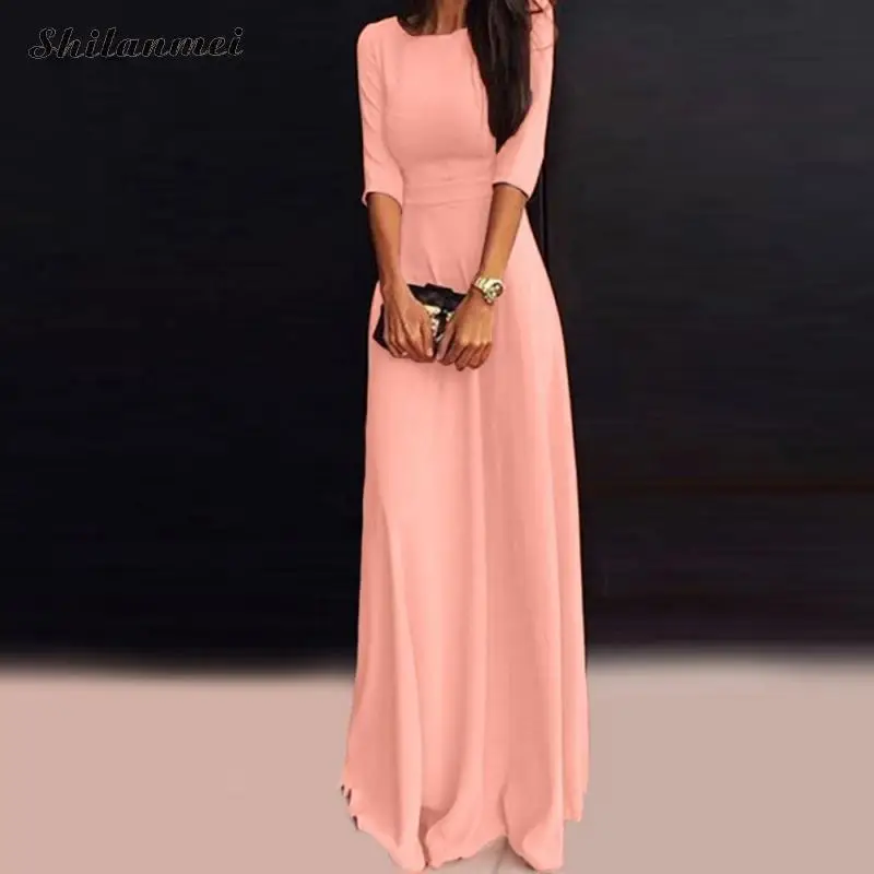 Розовое Элегантное длинное вечернее платье для женщин 2019 летнее однотонное