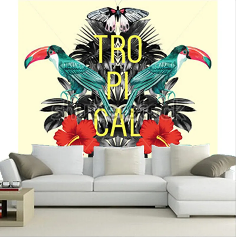 

Custom 3D murals, toucan, hibiscus and palm leaves tropical mirror illustration,living room sofa TV wall bedroom wallpaper