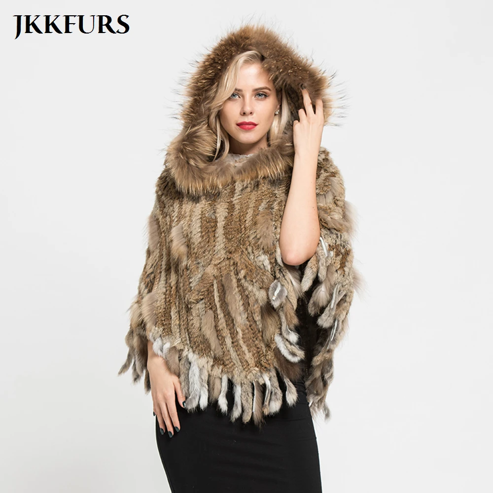 JKKFURS пончо из натурального кроличьего меха женский воротник енота накидки с