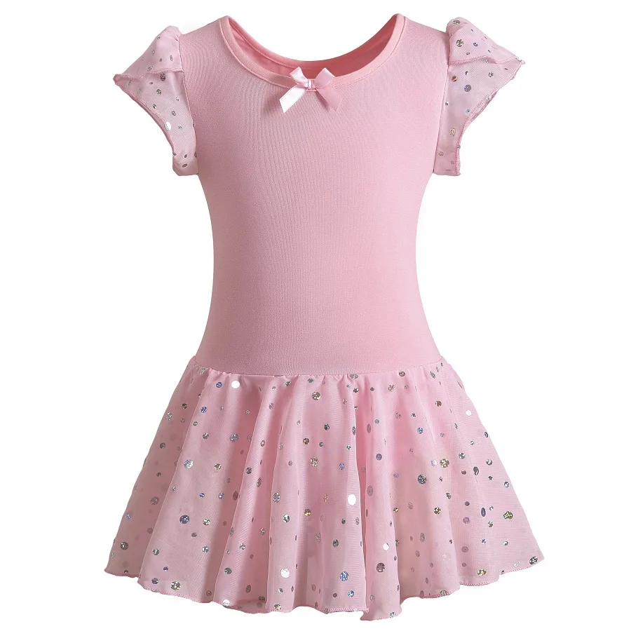 

Kids Girls Leotard Dancewear Short Petal Sleeves Glitters Ballet Dance Tutu Skirt Gymnastics Leotard Chiffon Skirt