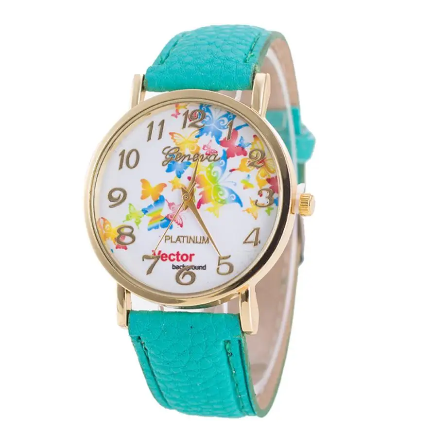 Женские модные часы Geneva с бабочками ремешок из искусственной кожи кварцевые