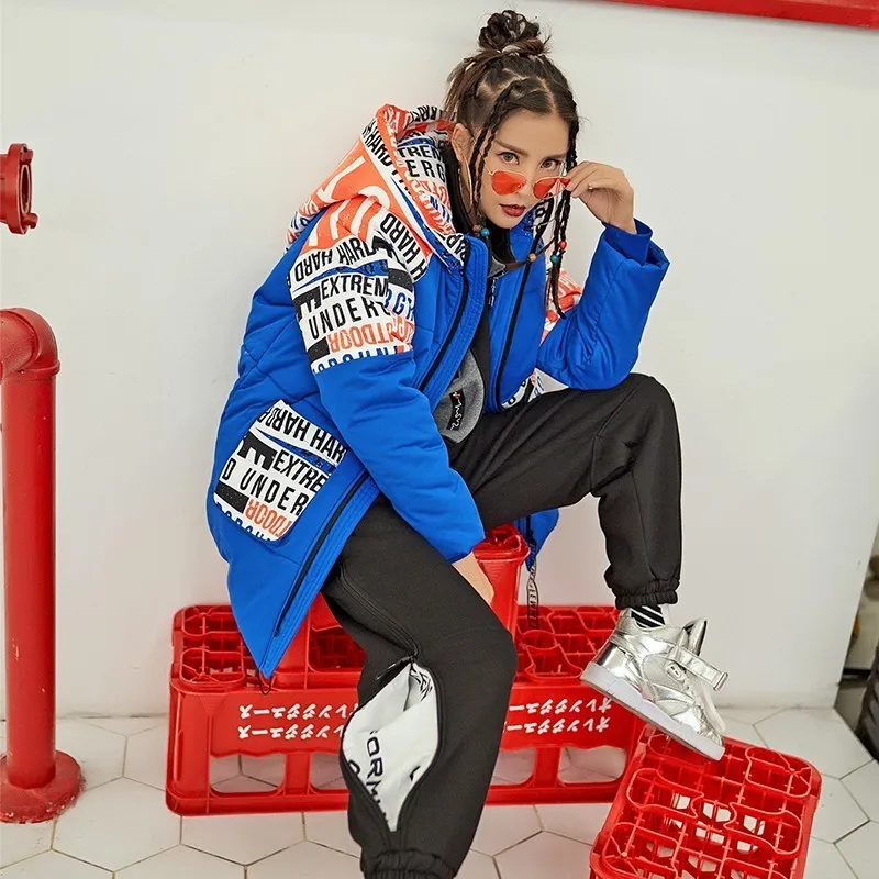 ZURICHOUSE/женские зимние пальто в стиле панк; большие размеры; свободная парка с капюшоном; женская уличная куртка в стиле хип-хоп с буквенным принтом и хлопковой подкладкой