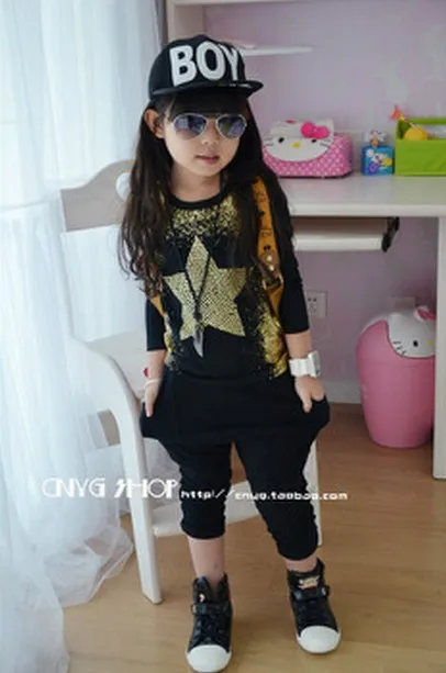 2013 New Arrival Free Shipping Children Autumn Long Sleeve T shirt Girls Gold Star Fashion 5pcs/lot | Мать и ребенок