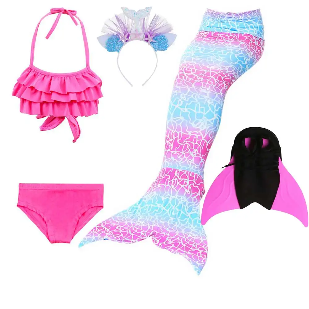 5pcs Mermaid Tail 5 Бикини для девочек и блестящий хвост, купальник, хвост русалки для купания с монофином, повязка на голову, костюм для косплея, детский купальник русалки - Цвет: 5pcs Mermaid Tail 5