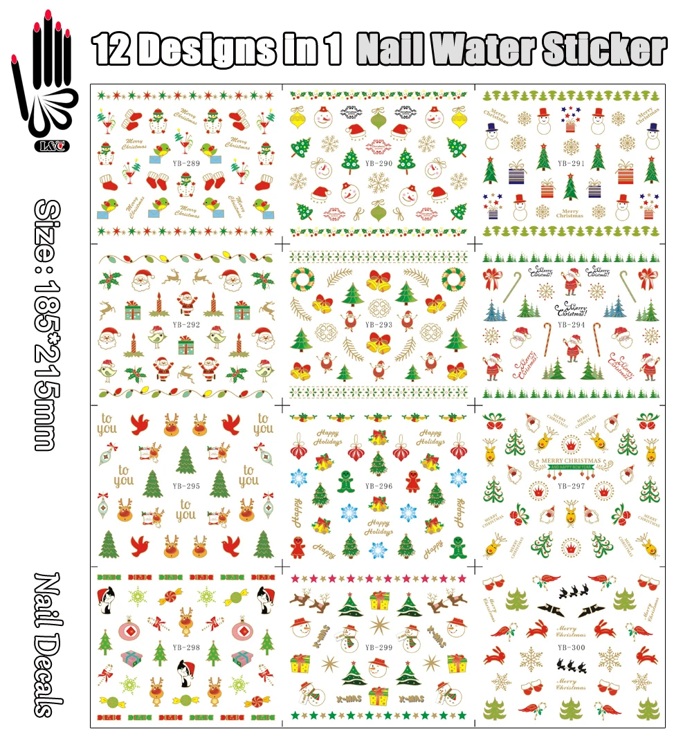 

12 листов/уп, электрическая пилочка для наклейка YB289-300 XMAS, внутри помещения, зеленая Рождественская елка нейл-арта, переводятся с помощью вод...