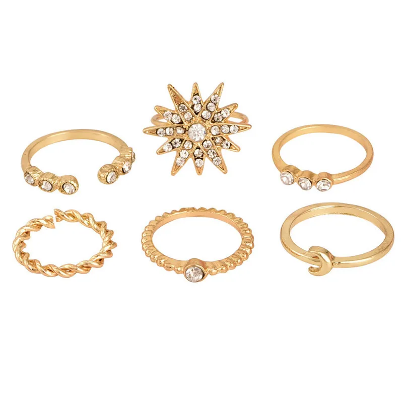 

6PCS /2019 new popular personality gold stars moon ring set party ring punk jewelry wholesale