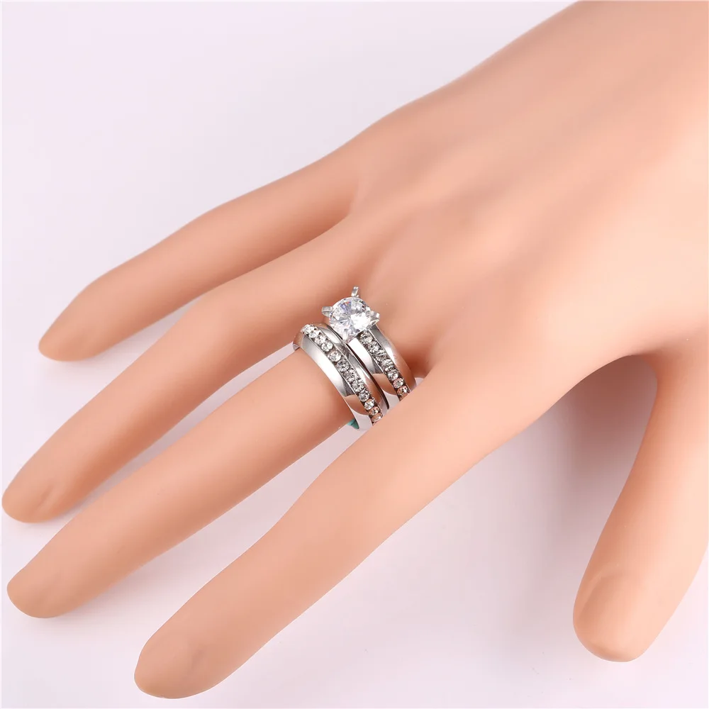 Women Wedding Ring Sets For Lovers Couple Rings Crystal Rhinestone yellow Gold Color Stainless Steel Wholesale R1314 | Украшения и
