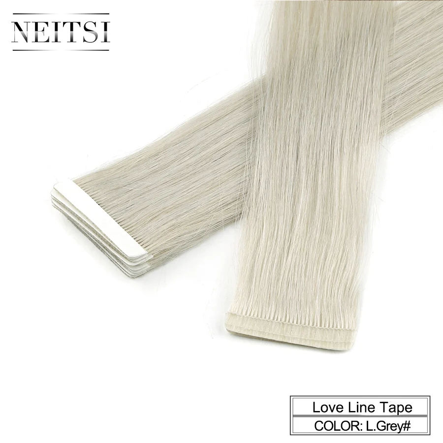 Light Grey Neitsi, новинка, накладные Человеческие волосы Remy на ленте, невидимые, двойные, нарисованные, линия любви, пряди для кожи, прямые волосы, 1" 20" 2" - Цвет: Light Grey