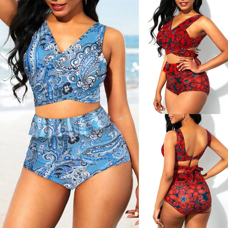 Sfit летний женский комплект бикини с завязками на спине высокой талией и