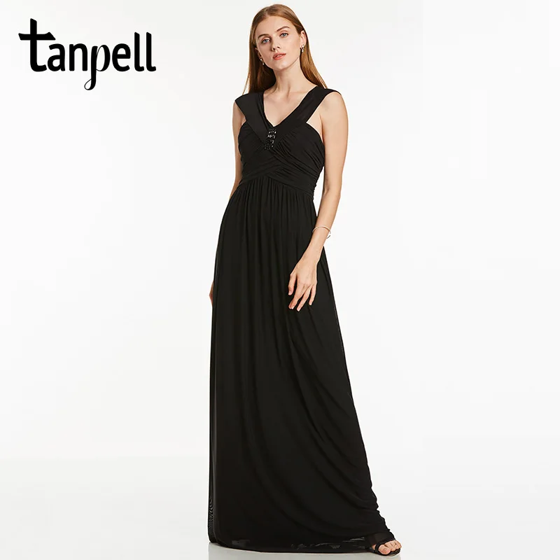 Tanpell V вырезом вечернее платье Фиолетовый бисера Cap рукава Длина пола платье Линия Дешевые женские новые Выпускной вечернее платье ES - Цвет: black