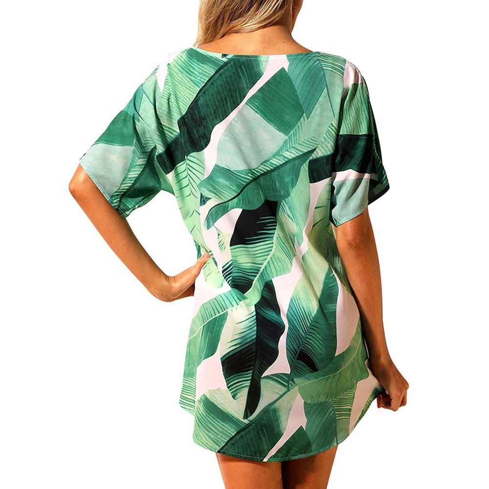 Женское платье-мини с коротким рукавом пляжная одежда из шифона принтом 2019 |