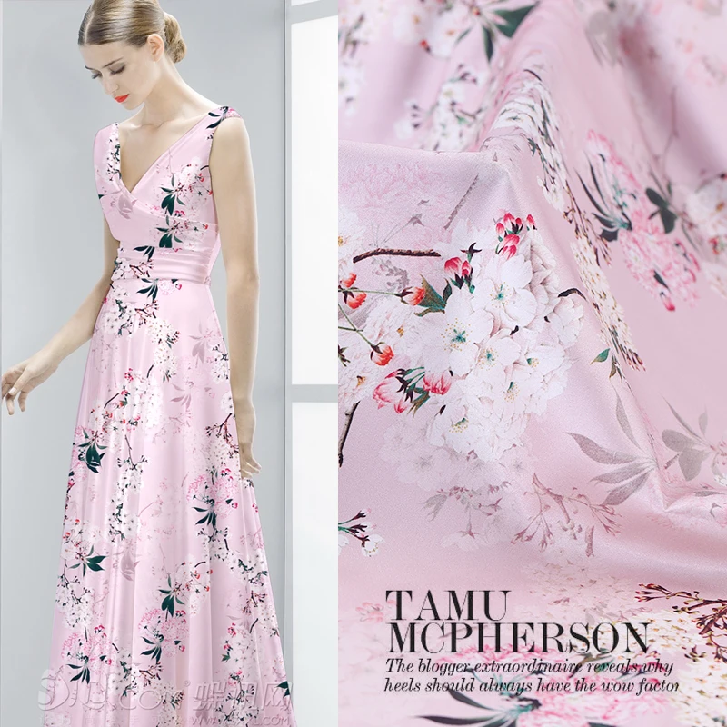 Розовая Груша Цветочный Принт стрейч шелковая ткань для платья ширина 42