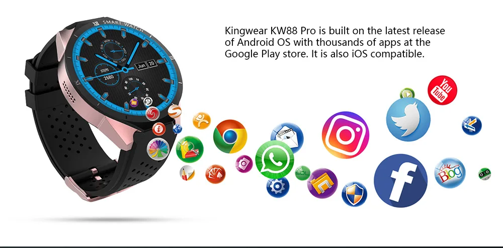 KingWear KW88 Pro 3g gps wifi Смарт-часы телефон Android 7,0 MTK6580 четырехъядерный 1 Гб 16 Гб 2,0 МП камера видео вызов спорт для мужчин
