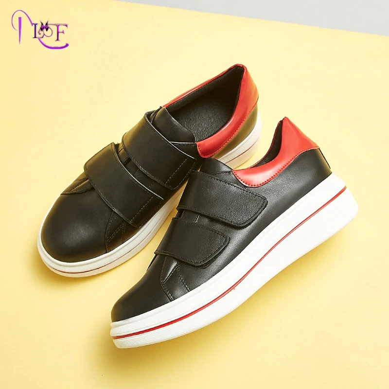 Платформа Кроссовки Женщины Hook &amp Loop Черный Белый Натуральная Кожа смешанный