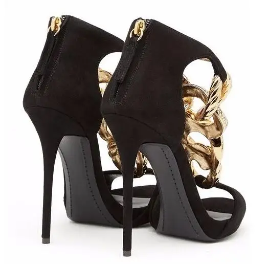 Летние женские босоножки из черной замши с открытым носком и золотистой