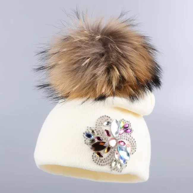 mink pompom ; модная детская зимняя шапка для мальчиков и девочек; Милая шапка с помпоном из норки для малышей; хлопковые Разноцветные Детские брендовые шапочки с цветочным рисунком - Цвет: mink pompom