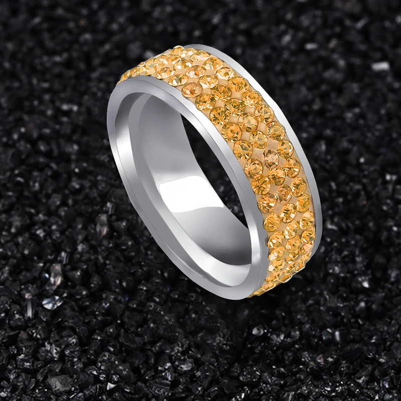 QianBei 2018 Luxury Rhinestone Rings Gold Color Stainless Steel 3 Row Crystal Wedding Female Teen Ring Jewelry Women Men 6-11 | Украшения и
