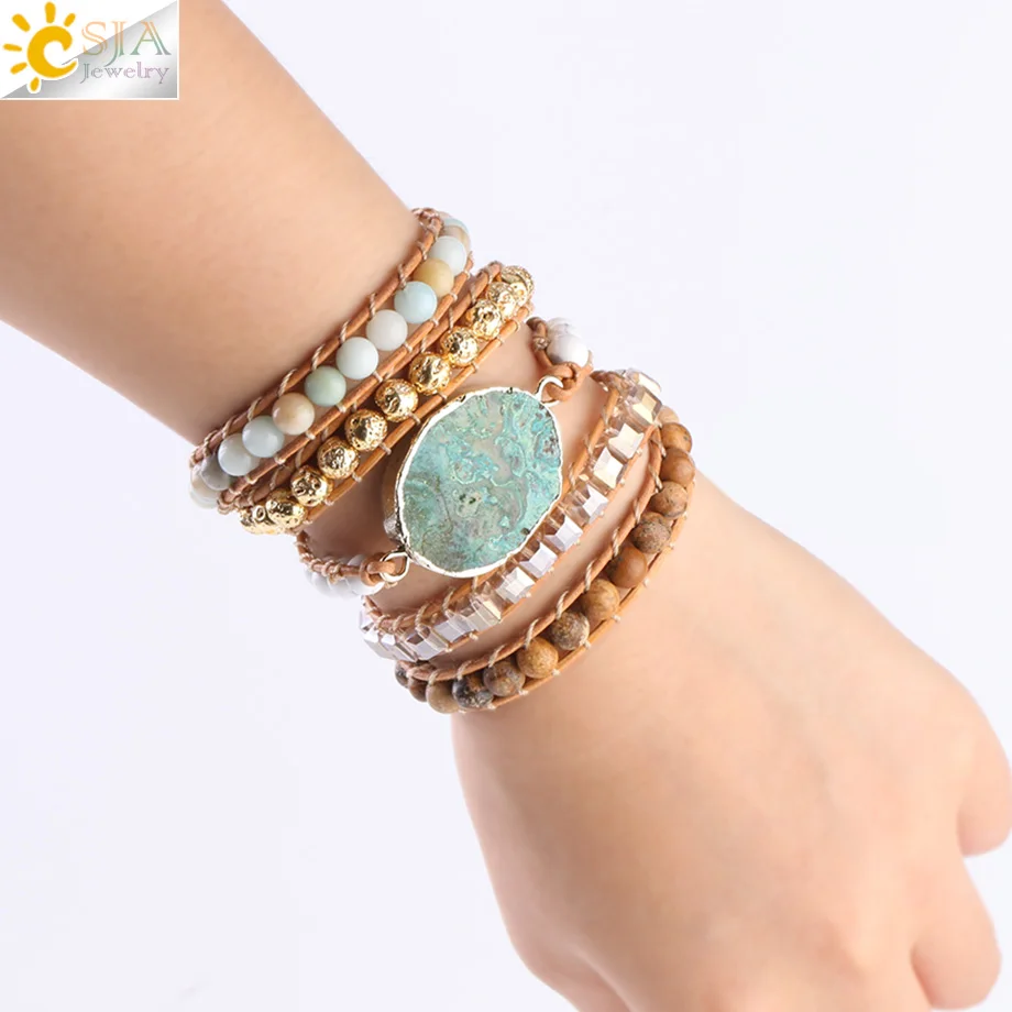 CSJA Boho Agates Wrap Bracelets Natural Stone Beads Green Ocean Charms Jewelry 5 Strand Girls Friendship Leather Bracelet S217 | Украшения