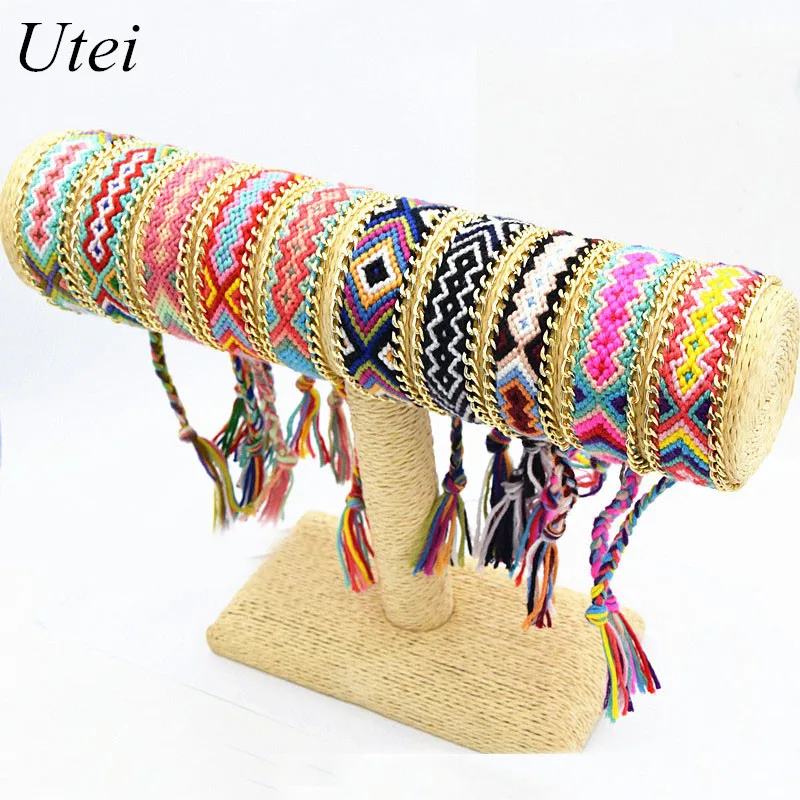 

Utei Bracelet Gold Color Alloy Hot Selling Summer Fashion Cotton Woven Friendship Bracelet 10 Design Mixed Women Bracelet