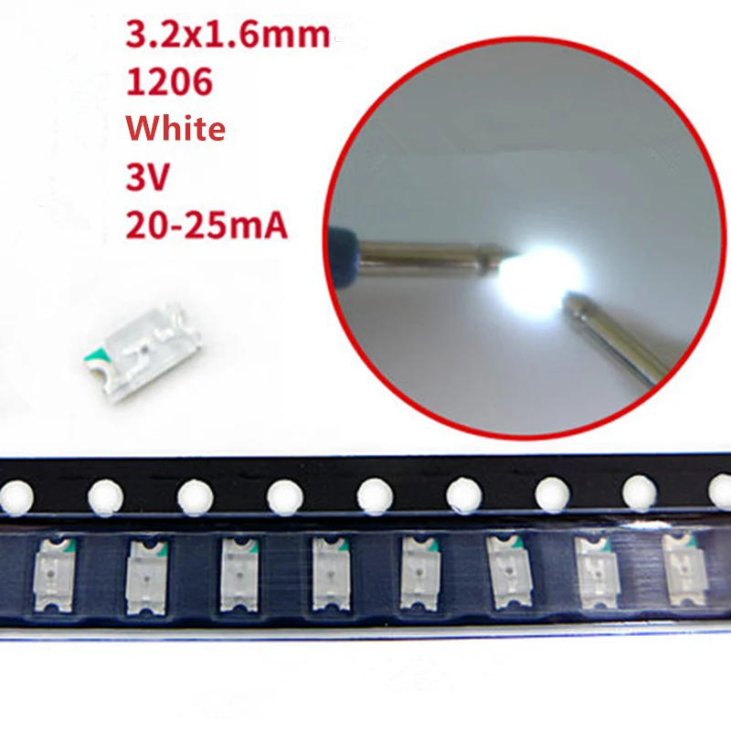 100Pcs White 100 шт. 1206 SMD светодиодный диодный комплект супер яркий красный/зеленый/синий/желтый/белый светодиодный светильник - Испускаемый цвет: 100Pcs White