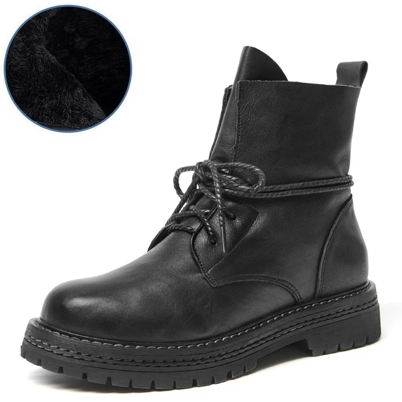 short plush black DRKANOL/сезон осень-зима; теплые женские Ботинки martin до середины икры; обувь из натуральной коровьей кожи на толстом каблуке; мотоботы с круглым носком; Цвет Черный - Цвет: short plush black