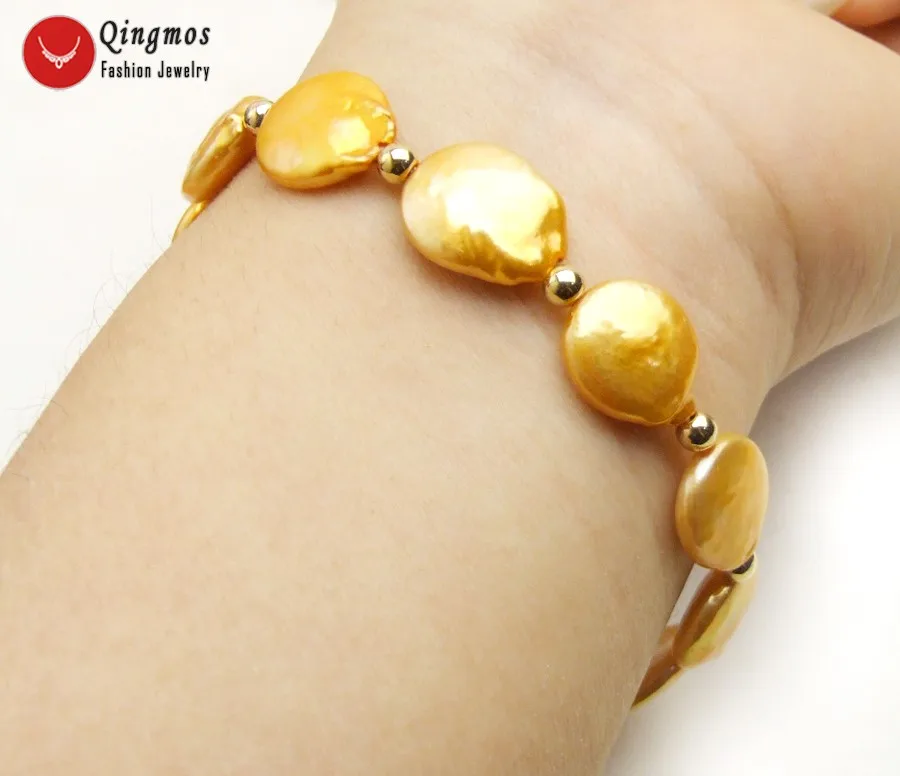 

Qingmos Trendy Natural Pearl Bracelets for Women with 12-13mm Coin Round Orange Freshwater Pearl Bracelet Fine Jewelry 7.5" b465