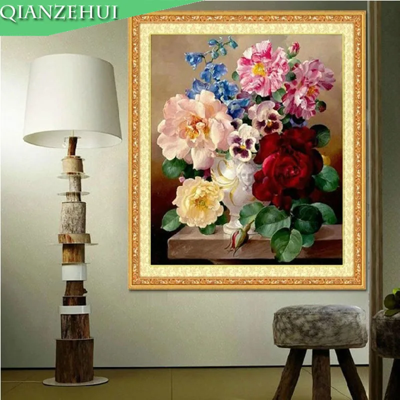 QIANZEHUI вышивка DIY пейзаж цветок картина маслом шелковая крестиком Роза Ваза