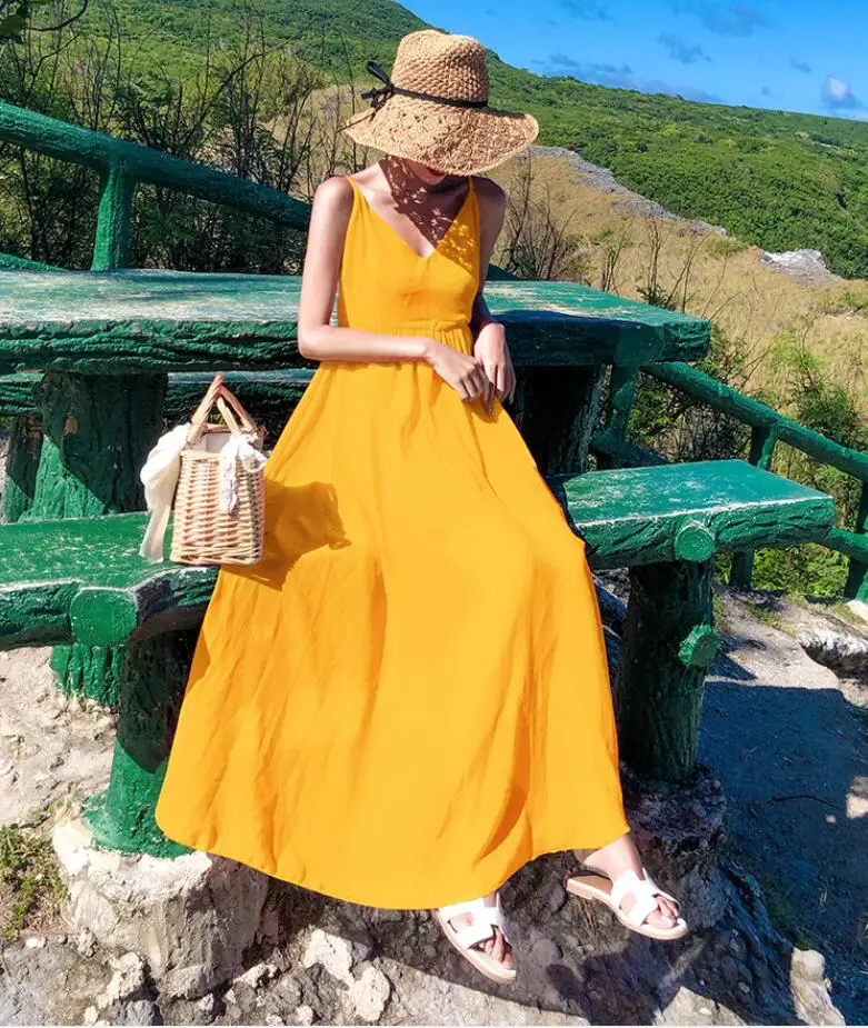 2019 Free shiping New style temperament V Neck Beach dress slim sexy backless Women | Женская одежда