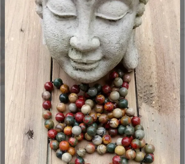 Длинное ожерелье 108 Mala Beads натуральный камень PicassoJasper камни коричневая кисточка