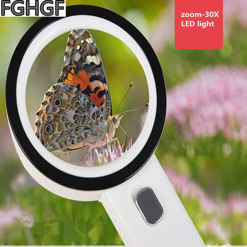 FGHGF Портативный 30 раз увеличительное стекло с подсветкой для чтения идентификация открытый приключения ручная Лупа наблюдения за кожей