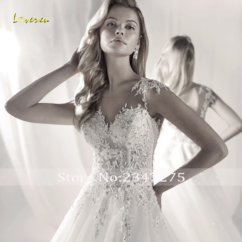 

Loverxu Sexy Scoop Neck Illusion Vintage Wedding Dresses 2019 Luxury Appliques Crystal Beaded Court Train A Line Bridal Gowns