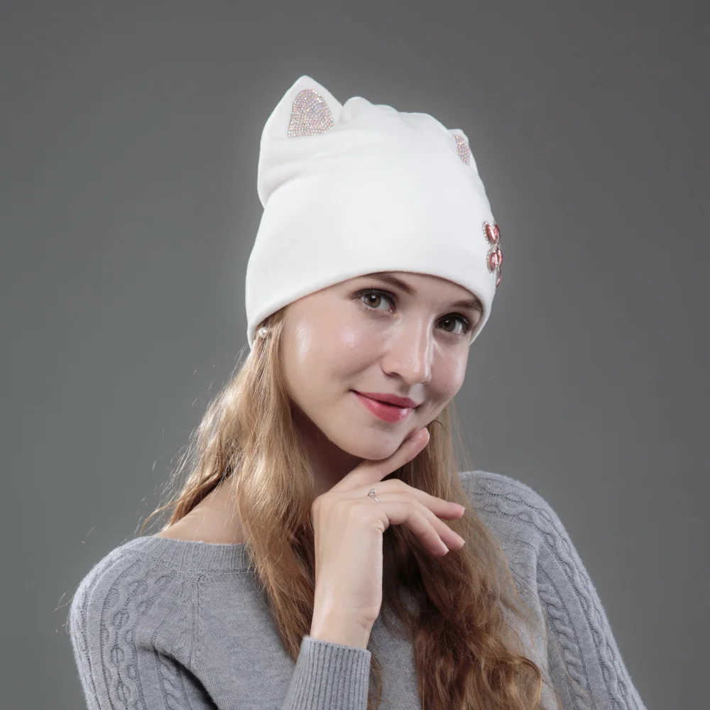 Новые женские шапки, зимняя шапка высокого качества! Мягкие толстые сохраняющие тепло skullies bling ушной формы Твердые Цветочные женские шапки для девочек