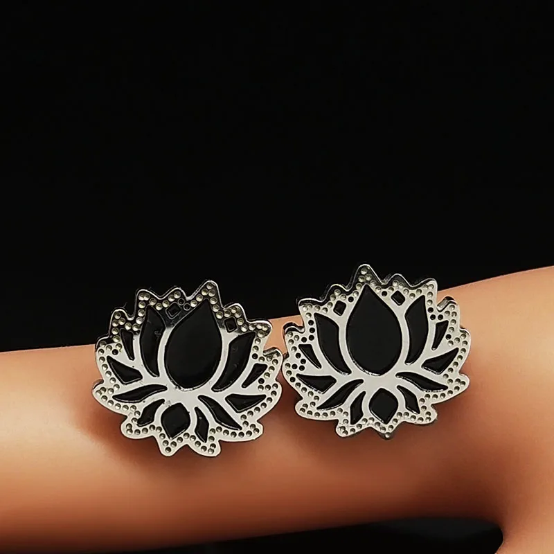 Fashion Black Enamel Stainless Steel Earrings for Women Small Lotus Stud Earring Jewelry boucle d'oreille fantaisie E1329S02 | Украшения
