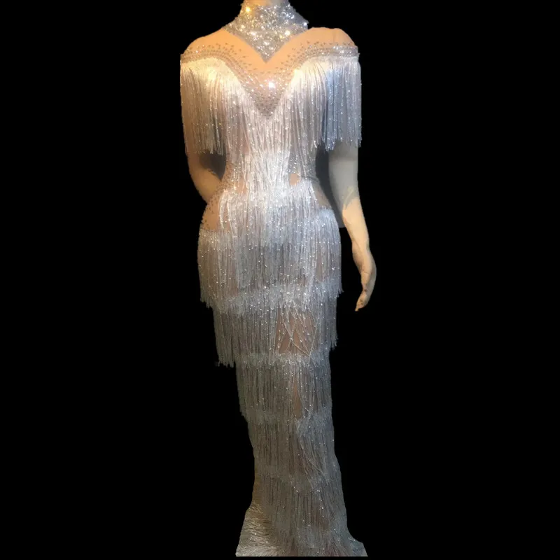 

Rhinestone Event Party Fringe Dresses Sparkling Tassel Performance Costumes Dance Outfit Singer Show Sexy Birthday Clubwear