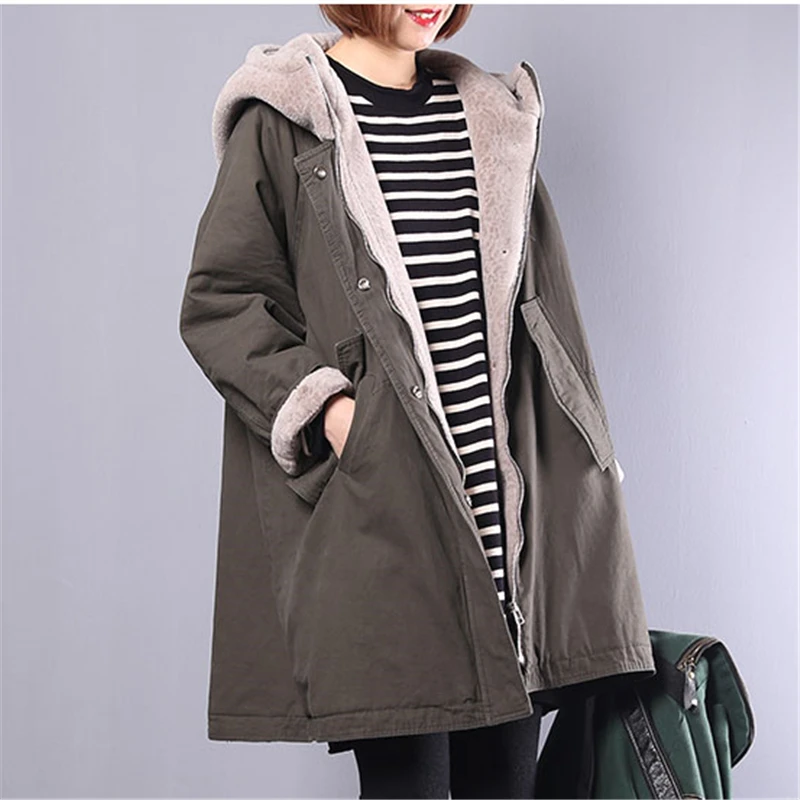 Женское хлопковое пальто с капюшоном Свободное большого размера длинным рукавом