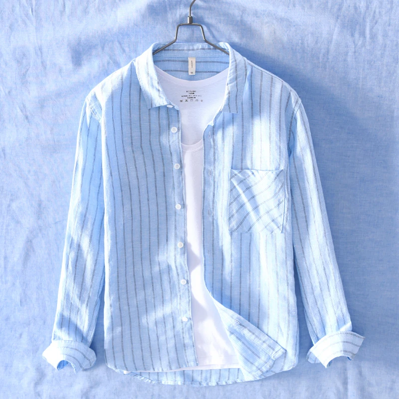 

2019 Suehaiwe's brand long sleeve striped shirts men fashion linen and cotton gray shirt mens spring casual shirt male chemise