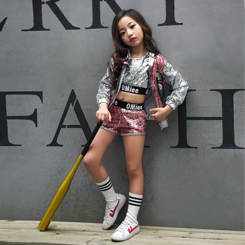 children girl Hip Hop Costume sequins glitter jazz street dance baseball clothes coat pants T-shirt kid pink silver |