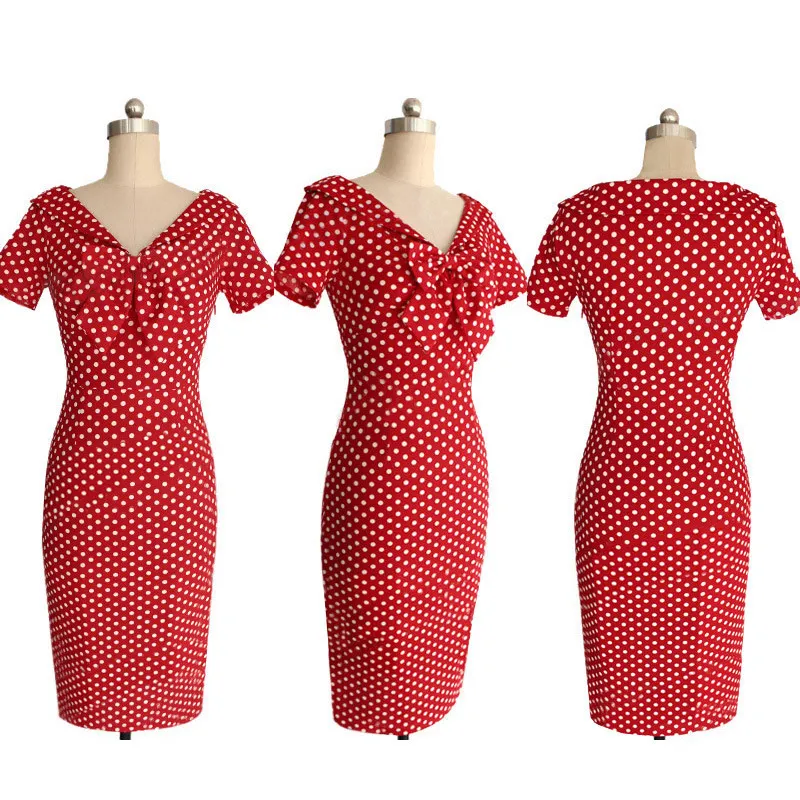 Kostlich V Neck With Bow Knot Dot Pencil Dress Short Sleeves Women Summer Bodycone Party Dresses Casual Sundress | Женская одежда