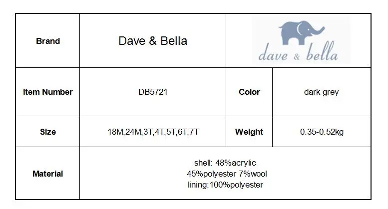 DB5721 dave bella/осенне-зимняя шерстяная куртка для маленьких девочек детская модная верхняя одежда детское пальто высокого качества для малышей