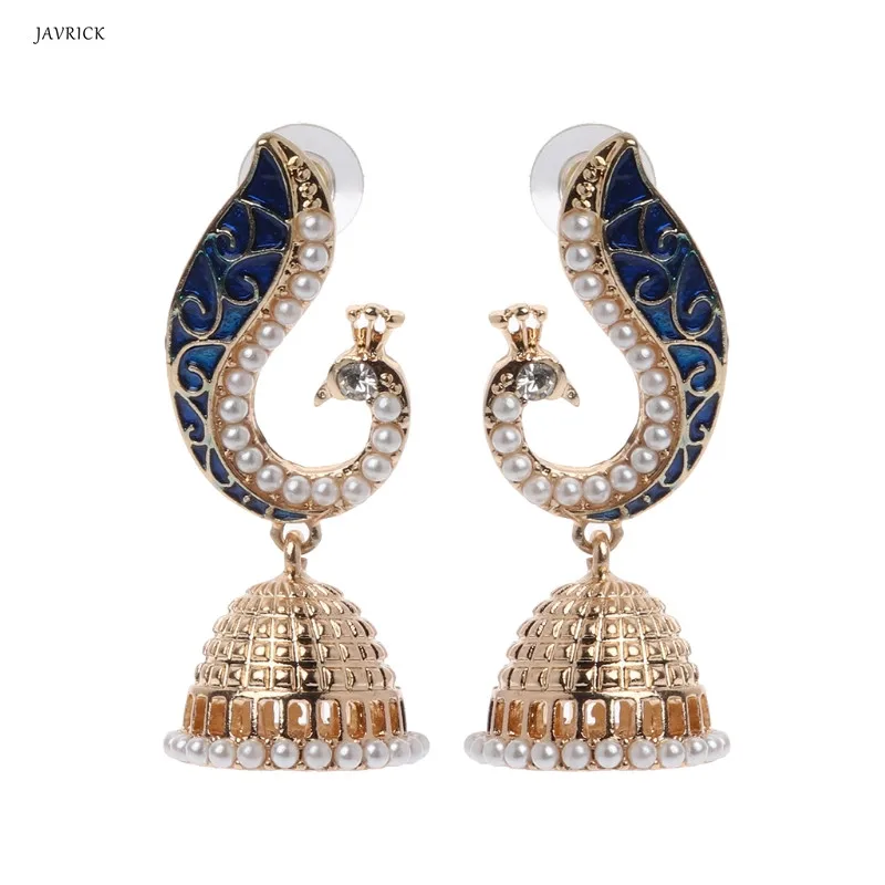 Ретро индийские болливудские золотые жемчужные синие Павлин Jhumka Jhumki Висячие