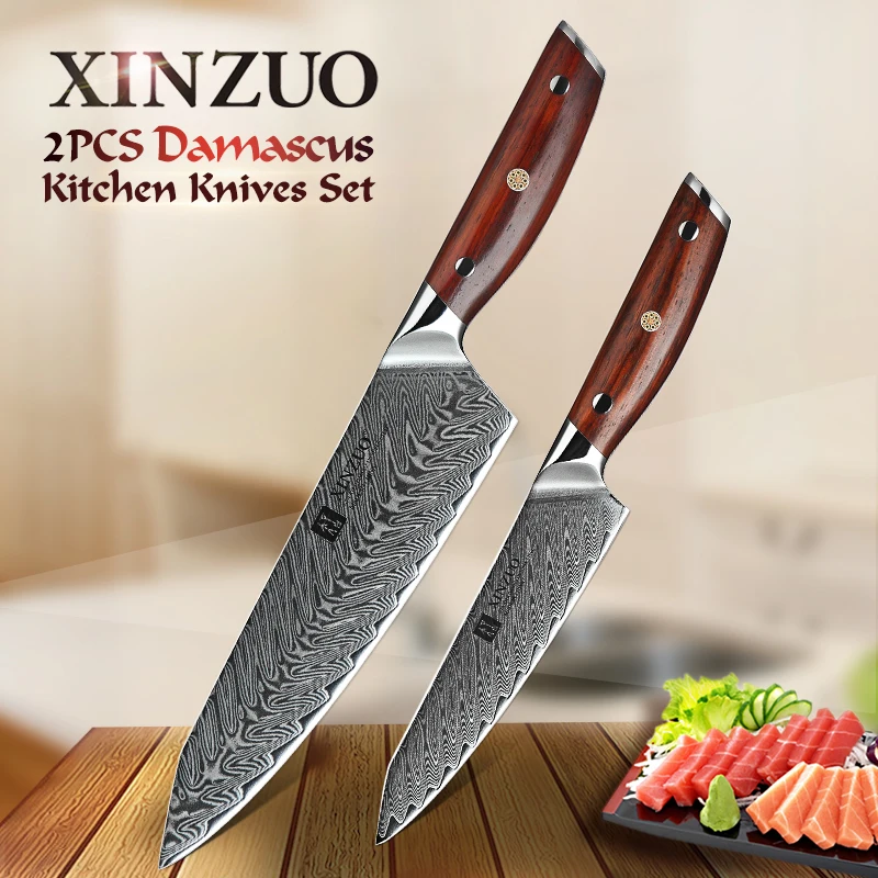 XINZUO, 2 шт., кухонный нож, фирменные поварские наборы, высококлассный дамасский стальной нож, фирменные поварские ножи, кухонные инструменты, палисандр, ручка