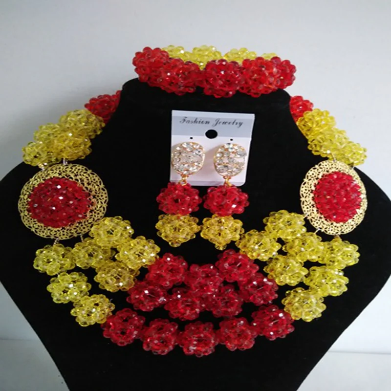 

Classic Yellow and Red nigerian wedding african beads jewelry set crystal B4241