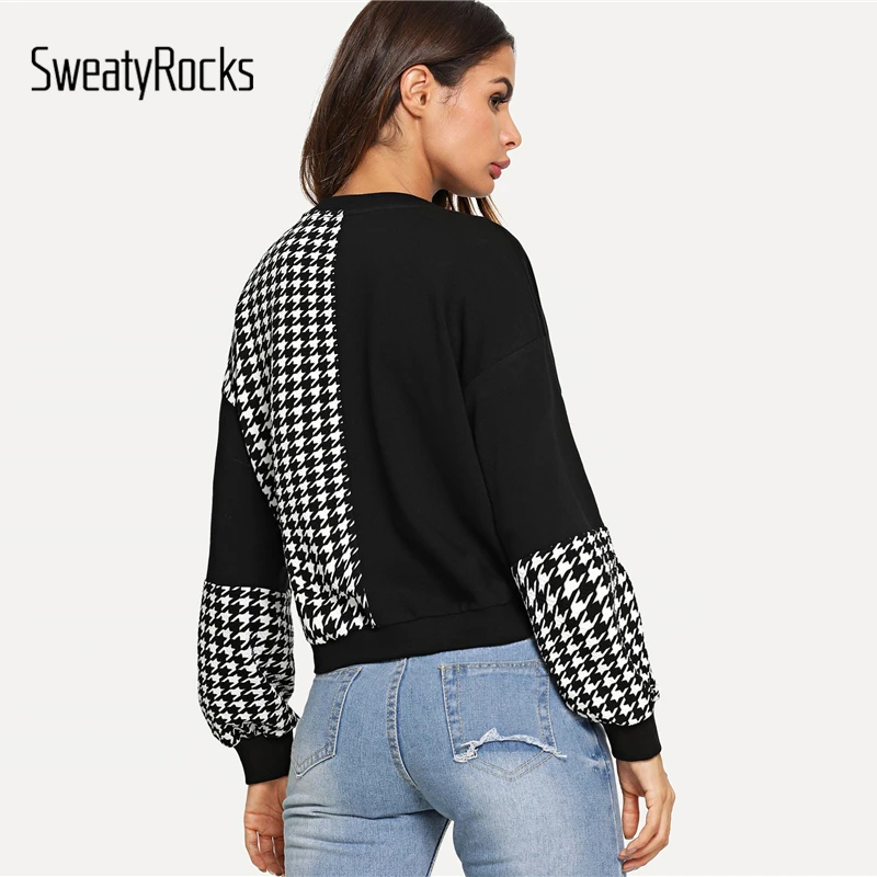 SweatyRocks черно-белая укороченная толстовка женская одежда с длинным рукавом пуловеры осень растягивающиеся толстовки