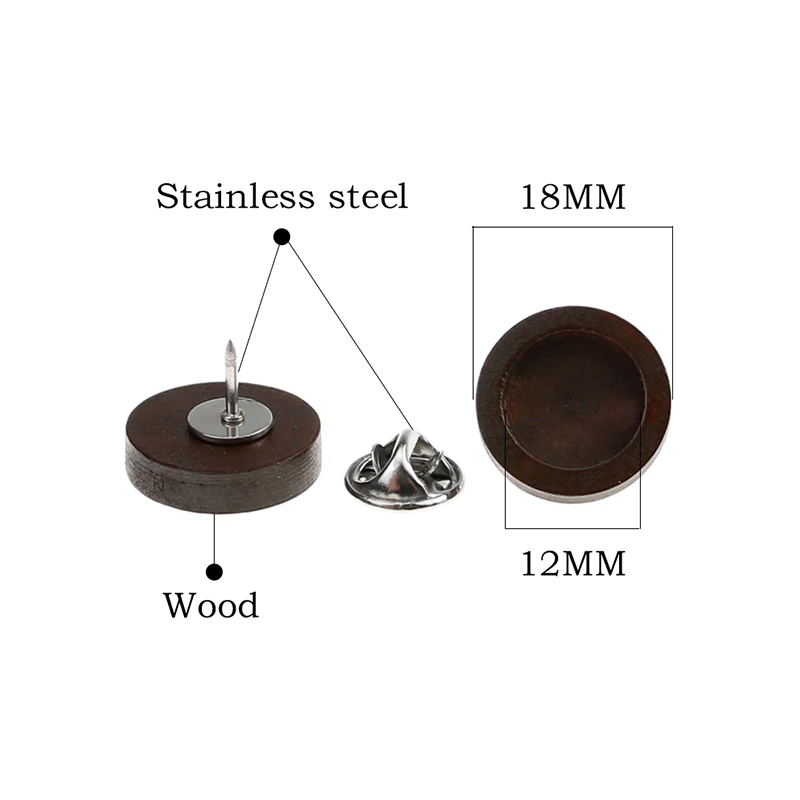 Retro brown 10pcs wood Brooch Cabochon Base Holder stainless steel Pin Badge For Diy Jewelry Making Finding fit 12 | Украшения и