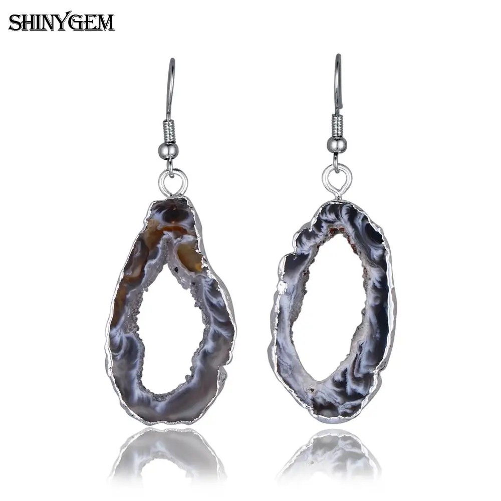 ShinyGem Необычные черные коричневые Агаты срезанные висячие серьги золото и серебро Нержавеющая сталь большое длинное из натурального камня серьги для женщин