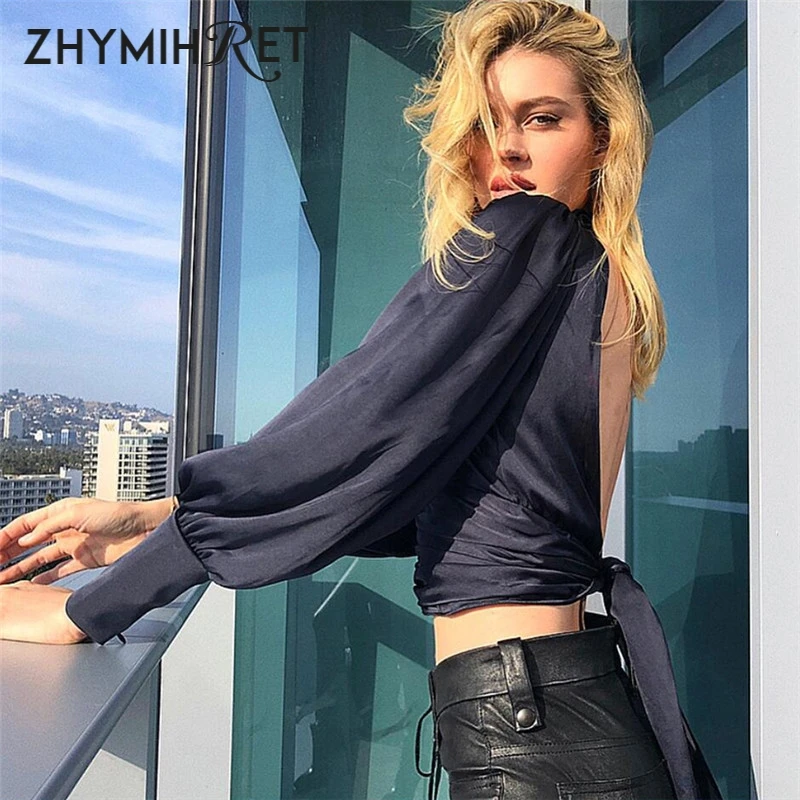 Женская атласная блузка с открытой спиной ZHYMIHRET укороченный топ высоким