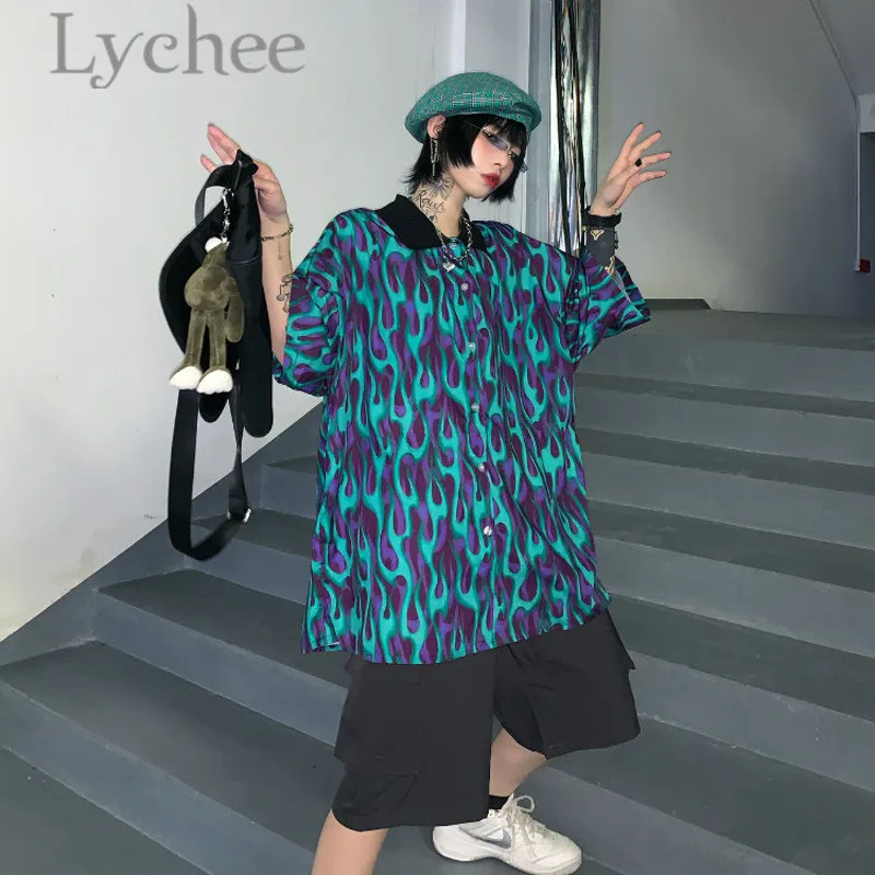 Lychee уличная женская блузка с принтом пламени, летняя рубашка, короткий рукав, отложной воротник, хит цвета, свободная женская рубашка, блузка