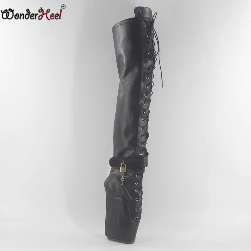 Wonderheel/балетные сапоги до бедра на очень высоком каблуке 7 дюймов; пикантные Черные Сапоги выше колена на высоком каблуке со шнуровкой и блестящими висячими замками